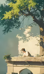 a dog is sitting in the middle of an elevated stone bridge