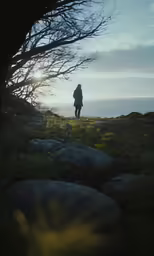 a person is standing on a rocky field near water