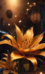 a close - up image of a large flower in a vase,the large flower is yellow, with long petals