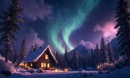 the aurora bore is visible over a snowy forest