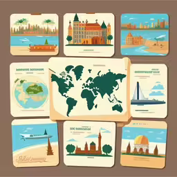 a poster of world travel and landmarks,an image of travel postcards from a time of discovery