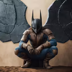 a man in costume sitting on the ground near a wall