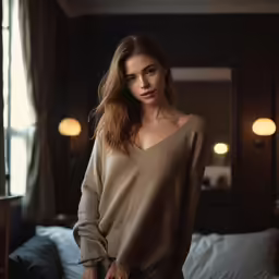 a woman is standing in a dark room wearing a sweater