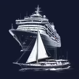 the side view of a cruise ship, with white sails on black background