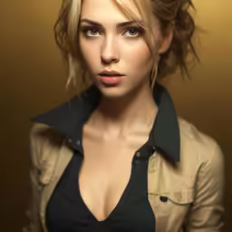a woman with blonde hair standing in front of a gold wall