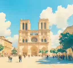 tourists walk down an empty, sunny sidewalk in front of the cathedral