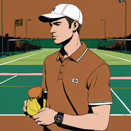 man with tennis ball, tennis racket and glove on a court,a tennis player is holding his ball and tennis glove