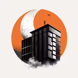 a tall black building sitting in the air with an orange sun behind it