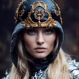 blonde hair woman wearing a dark outfit and gold cap