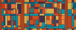 an abstract painting of multiple strips of orange and blue,abstract geometric design with colorful blocks of orange, yellow and blue