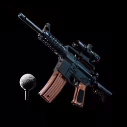 a rifle with an american flag on top of it and a microphone