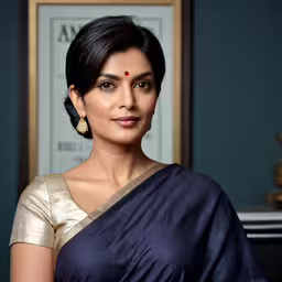 a woman with a blue saree and earrings