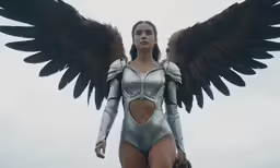 a beautiful woman in an angel suit with large black wings