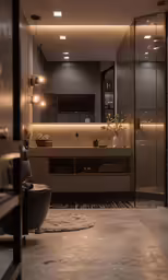 a bathroom with a very big mirror over the bathtub