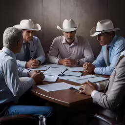 three men wearing hats sit around a table