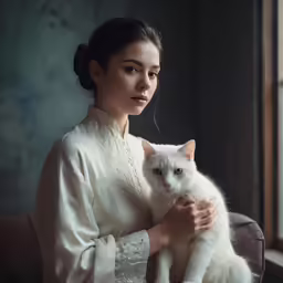 a woman sitting with a white cat and wearing a lace dress
