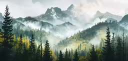painting of a forest with fog, clouds and mountains