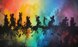 multiple silhouettes of many people on horseback with a rainbow painted background
