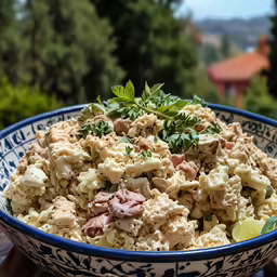 a bowl full of pasta salad, sitting on a wooden table