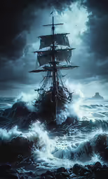 a pirate ship sailing through rough waves in a storm