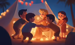 an animated character shows a group of people around him