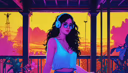 a woman wearing headphones and sunglasses next to plants,a young girl in blue top with headphones on