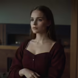 a woman stands near a window in a room with wooden paneling and a fireplace