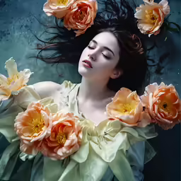 a woman in white dress surrounded by flowers
