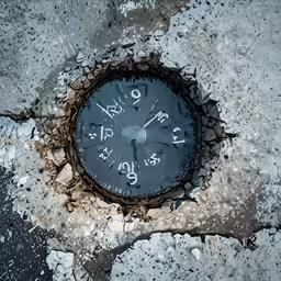 an clock embedded in the ground, on which a hole has been dug