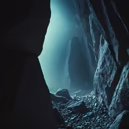 a cave is dark, with lots of rocks and a light coming from the door