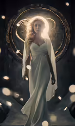 the girl wearing a white dress and veil is holding a circle behind her