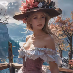 the girl is posing for a portrait wearing a dress and hat
