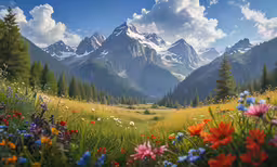 beautiful mountain scene with wildflowers and pine trees