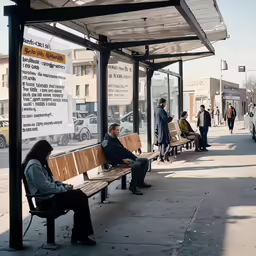 people sitting on benches near a bus stop