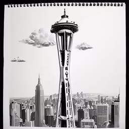 a black and white photo of a city that looks like the space needle in a fantasy world