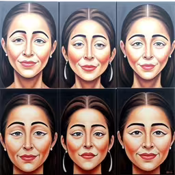 four portraits with various angles showing the female face,several identical pictures of a woman