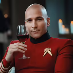 the man in red is holding a glass of wine