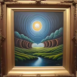 this painting of a river seems to be in the middle of some art,a painting of a landscape with circles above a lake,artwork in gold frame with landscape on wall,a painting of hills with a river and the moon,this painting is being displayed in the gallery