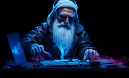 a man dressed as an old wizard using a laptop