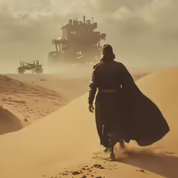the man is walking in the sand near a desert vehicle