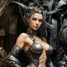 a girl in armor holding a knife in front of machinery