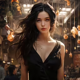 a young woman in a black dress staring towards the camera