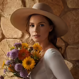 a woman holding a large bunch of flowers