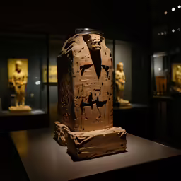 an ancient statue made from sheet of paper on display