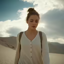 a young woman walking across a desert area