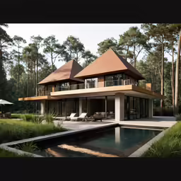 a house that has a pool in front of it