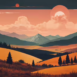the sunset behind the mountain range has a red sun in it,a colorful landscape with mountains in the background
