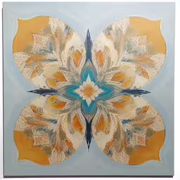 an intricate painting has been painted in shades of blue and yellow,a painting with various shapes and colors on a blue background