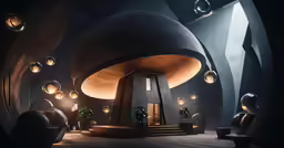 a futuristic looking space with multiple lights and steps