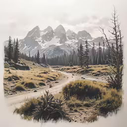 the road goes through a mountain valley in front of tall trees